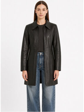 Vintage 90s Danier Genuine Leather Trench Coat Black Zip Front Mid-Length S/M
